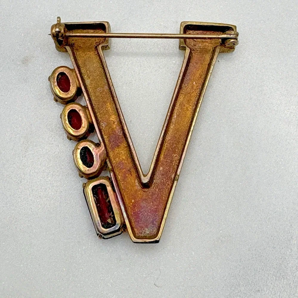 Vintage V Victory Brooch Red Glass Initial V Gold Filled WWII Pin